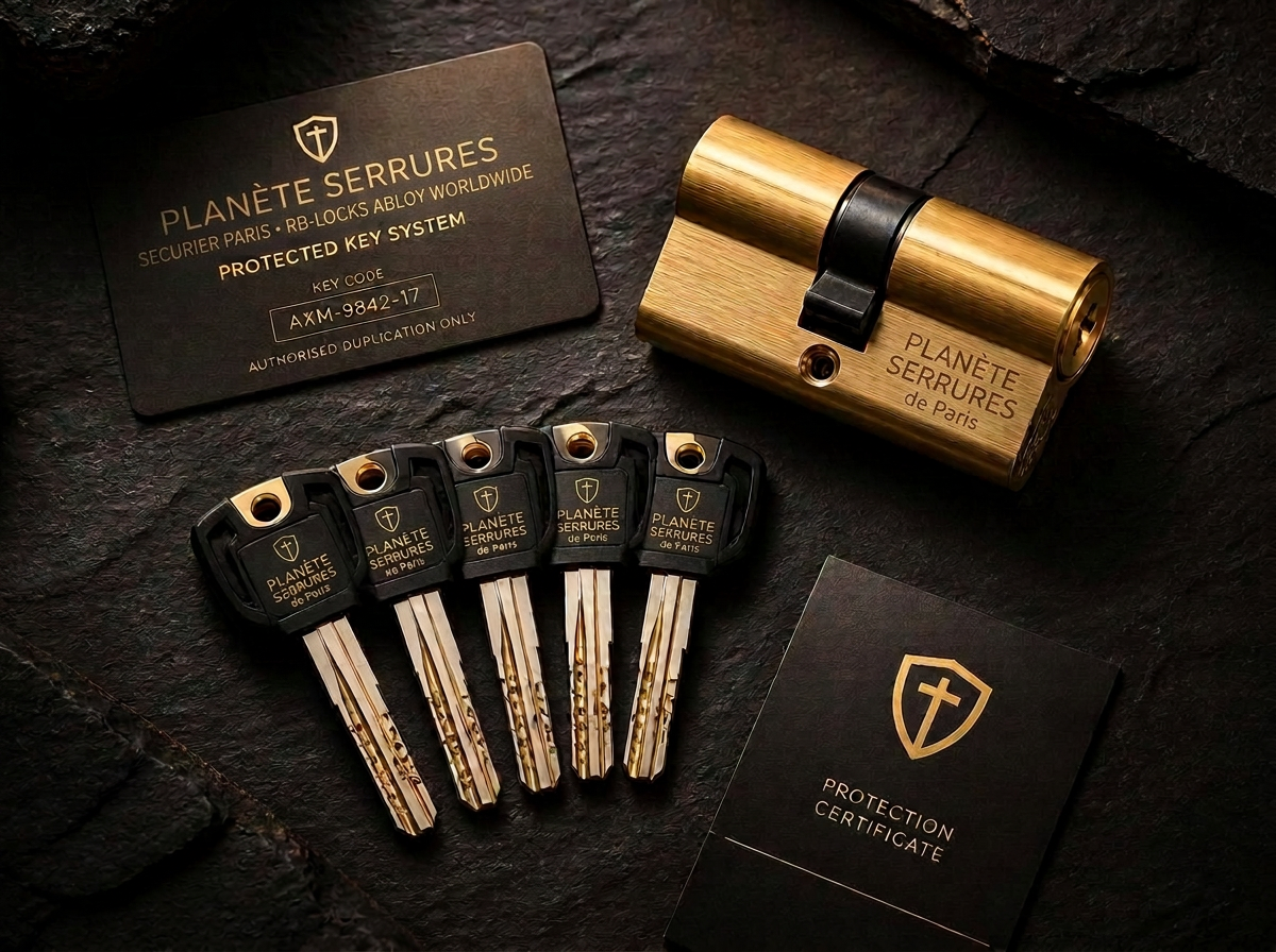Cylindre adaptable de très haute sûreté SECURIER RB-LOCKS avec ses clés à profil protégé breveté et sa carte de propriété nominative obligatoire pour toute reproduction