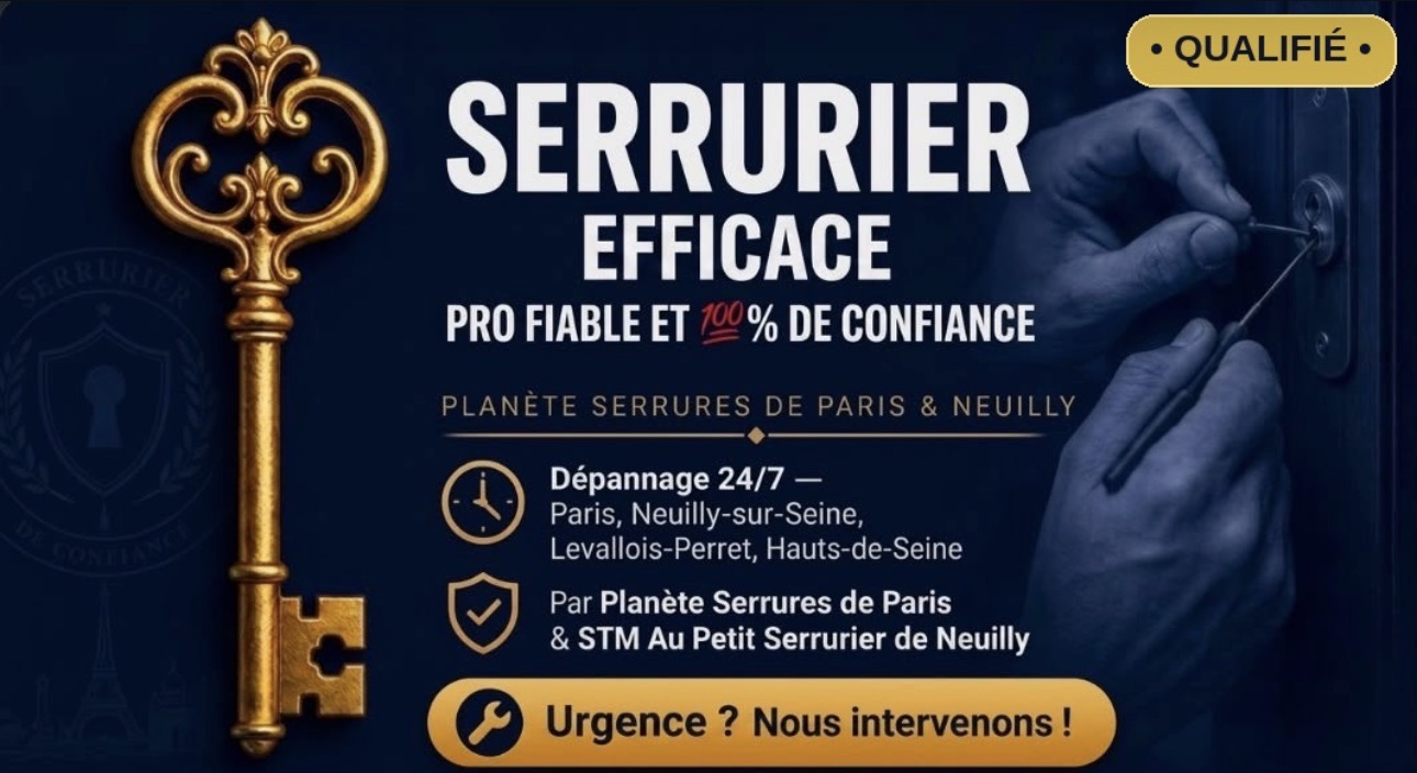 Bannière Planète Serrures de Paris & Neuilly — SAS STM Au Petit Serrurier, serrurier spécialiste des cylindres adaptables de très haute sûreté SECURIER RB-LOCKS / RB-DOORS : dépannage 24h/24 et 7j/7 sur Paris 16e, 17e, 8e, 7e, 9e, 2e, 1er et Neuilly-sur-Seine